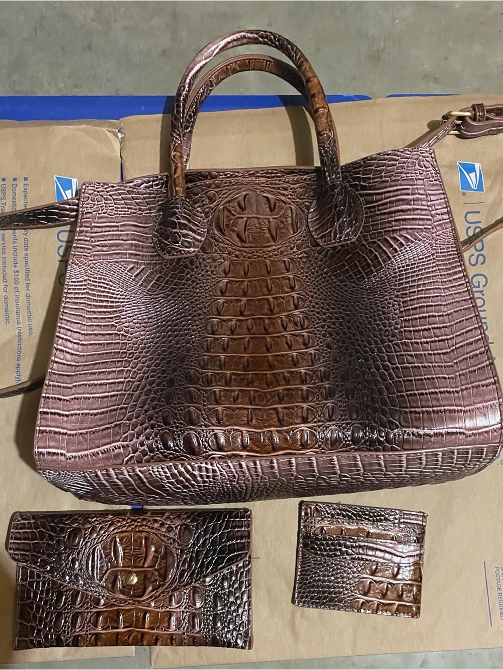 Croco-Embossed Brown Tote with Matching Wallet and Cardholder